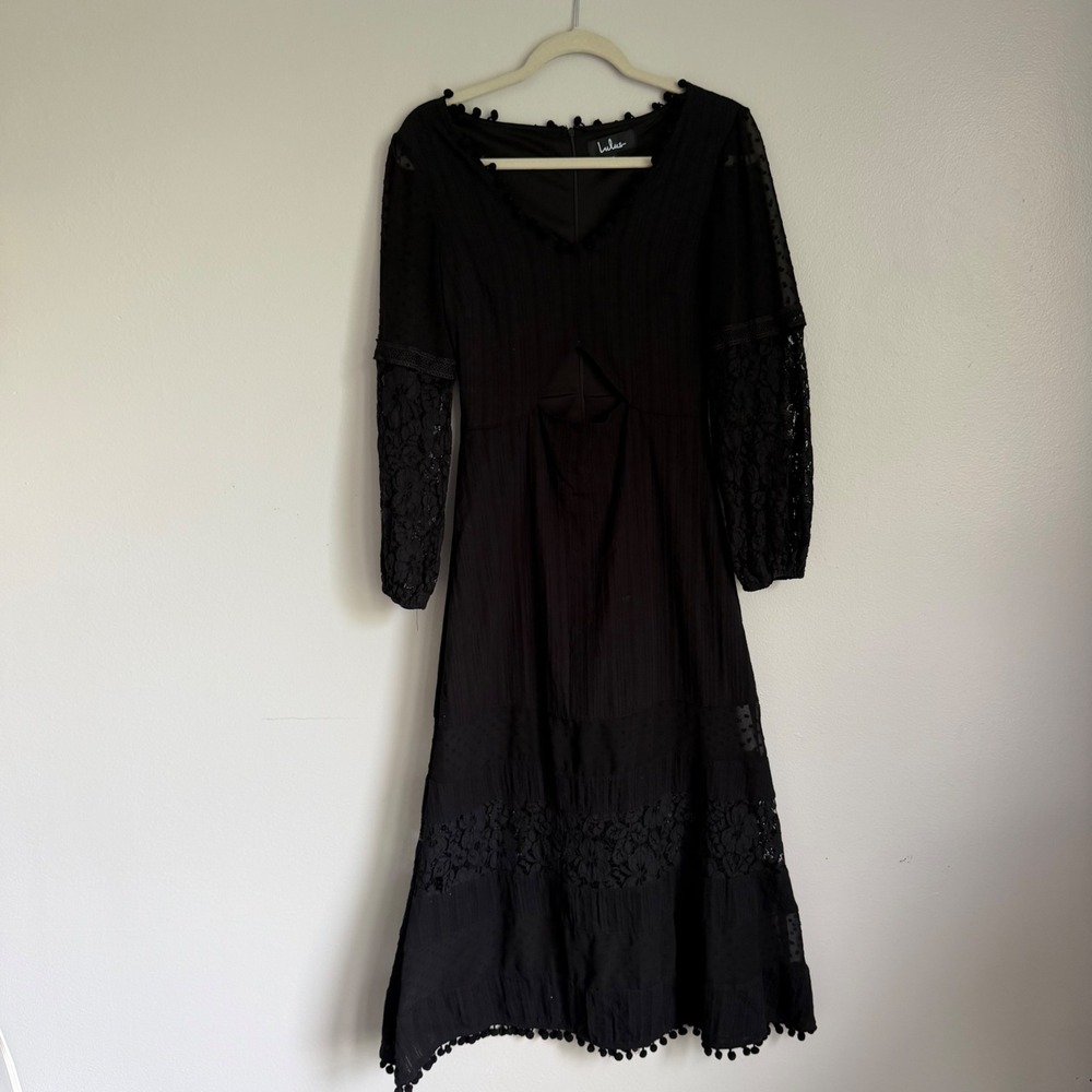 Lulus Black Lace Swiss Dot Pom Pom Trim Cutout Midi Dress XS Boho Long Slee